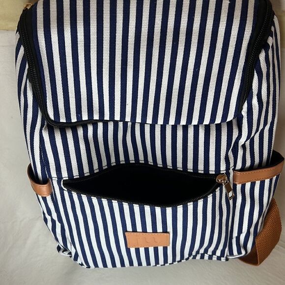Jessica Moore Striped Backpack New 2 Zipper Sections 3 Pockets Navy White Brown - Picture 6 of 7